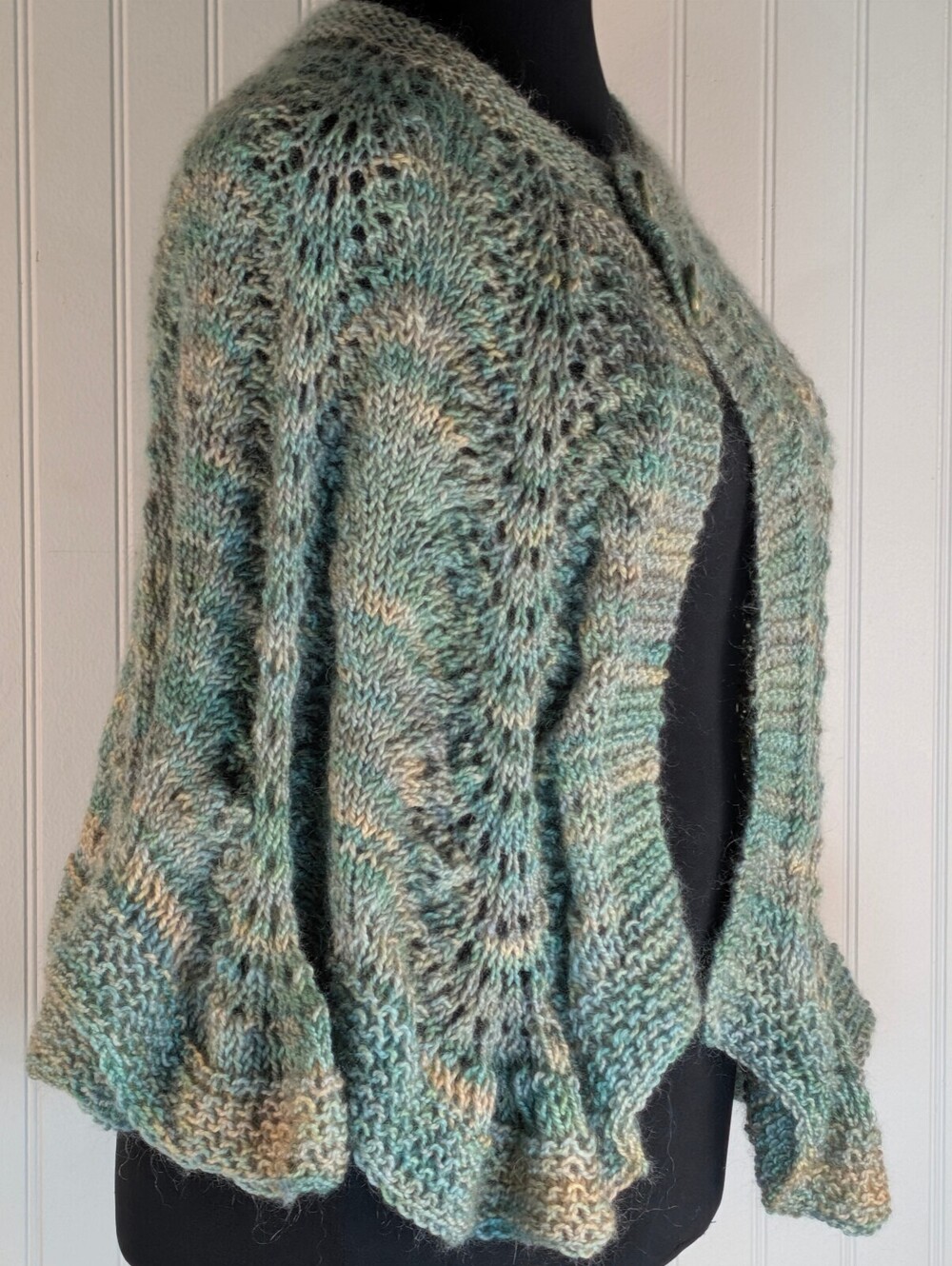 Hand Crafted OOAK Green and Beige Wool Blend Cape Cardigan with Buttons - Picture 2 of 7